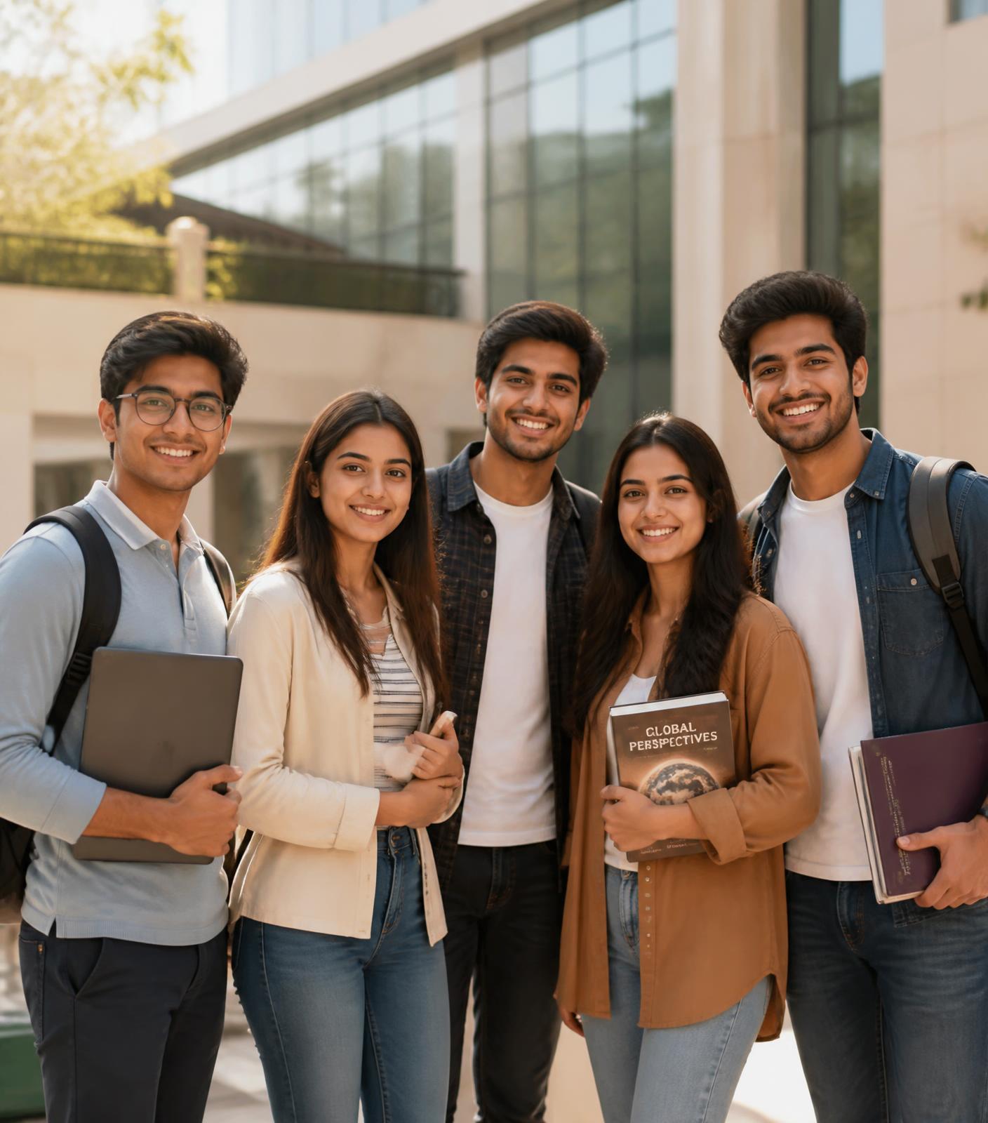 Group of Indian students smiling on a modern university campus